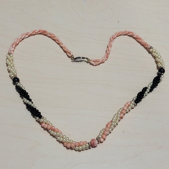 Multi Strand Beads Necklace Two Twisted Strands Pink Black White Beads - Picture 8 of 10